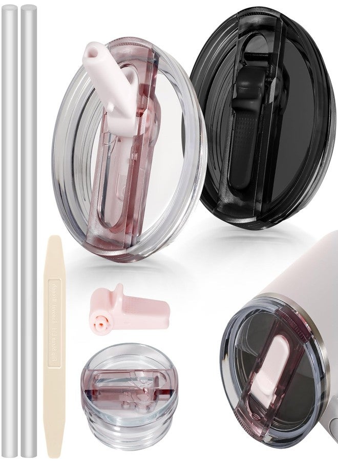 ANTAND 14 oz Flip Straw Lid Replacement for Stanley Cup Accessories, 2 Pack Leakproof Spill Proof Tumbler Lids Cover for 14oz Stanley Cups, Detachable No Spill Top Replacement (Rose Quartz, Black) - Image 1